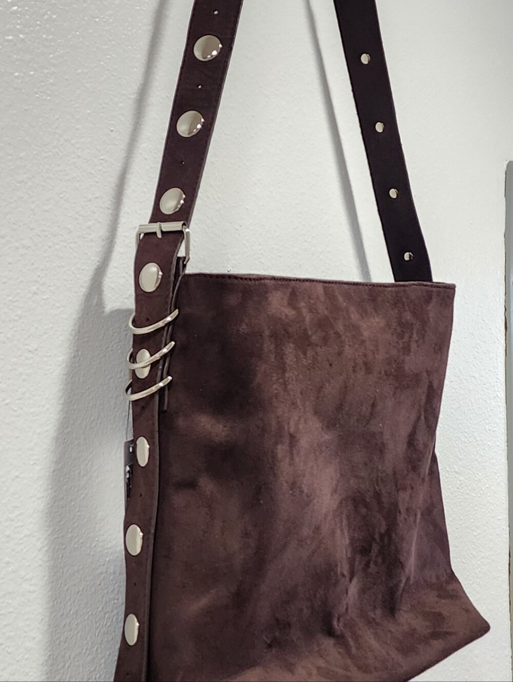 David Jones Paris NWT Faux Brown Suede Tote Bag With Silvertone Studded Strap.